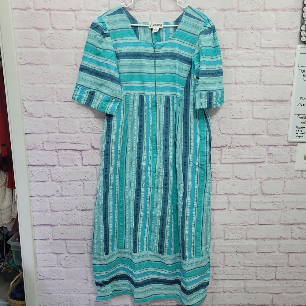 VTG Expressions Teal Blue Striped Maxi House Dress M Muumuu Caftan Lounge Retro